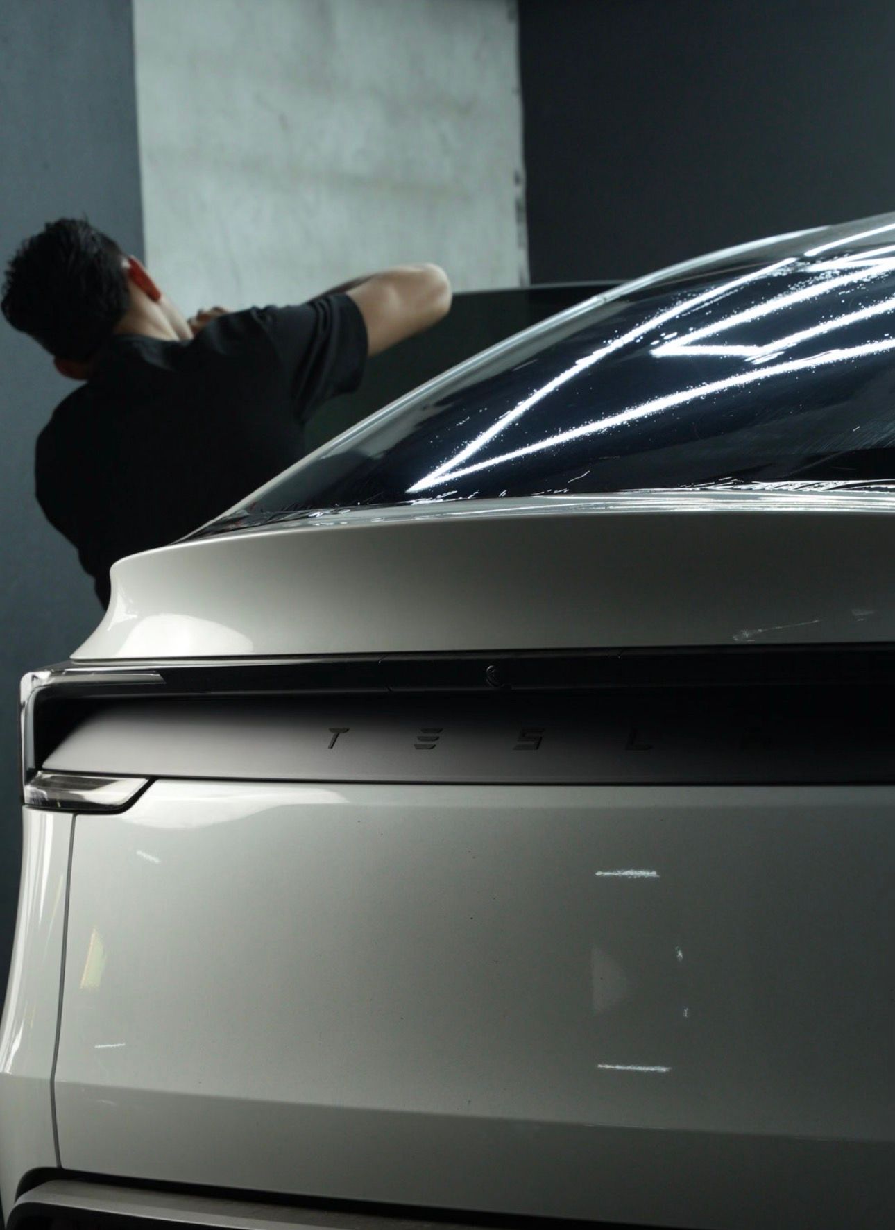 Tesla blanco con el polarizado HDIR terminado en el vidrio trasero